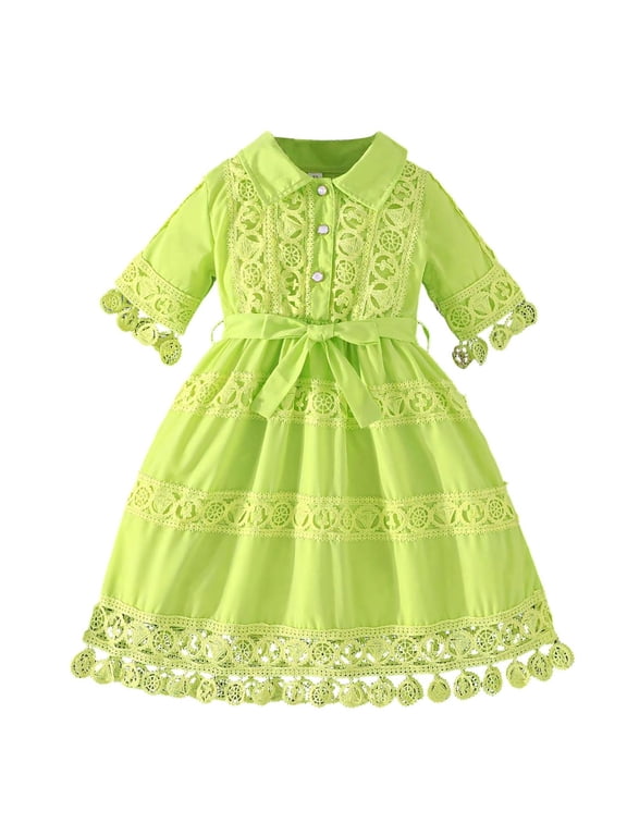 Neon Green Girls Dress, Cotton Knit A-Line Kids Dress with Lace & Bow Sash for Kids 2-8 Years, Collared Party & Church Dress,Size 4 T