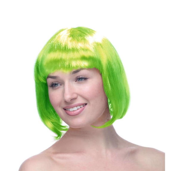 Neon Green Halloween Wig, 12 Inch Short Straight Synthetic Fiber Wig with Flat Bangs for Parties Cosplay