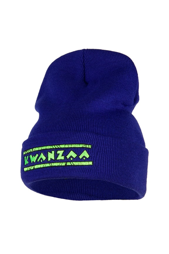 Neon Green Kwanzaa Throwback Embroidered Knitted Long Beanie - Royal OSFM