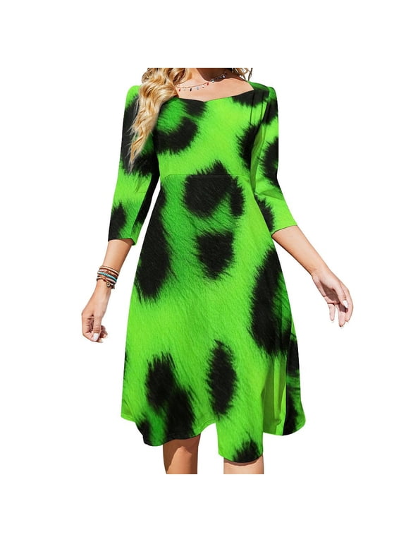 Neon Green Leopard Print Flare Dress Square Neck Dress Elegant Female Fashion Printed Dress