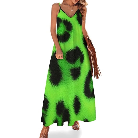 Neon Green Leopard Print Fur Sleeveless Dress Women's Evening Dress Womans Clothing