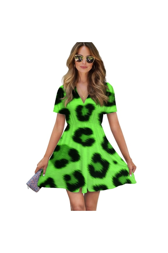 Neon Green Leopard Print Texture Women Dress V-Neck Short Sleeve Flowy Swing Party Midi Dress