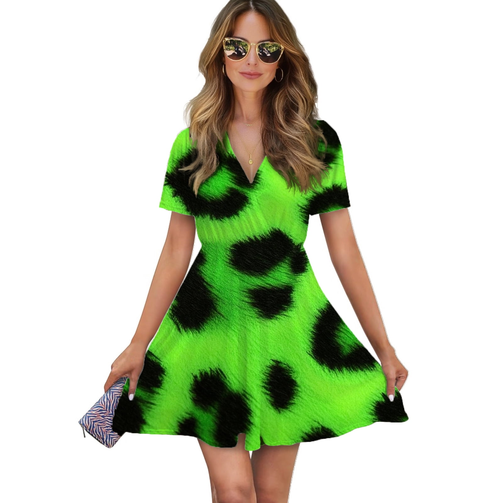 Neon Green Leopard Print Women Dress V-Neck Short Sleeve Flowy Swing Party  Midi Dress - Walmart.com