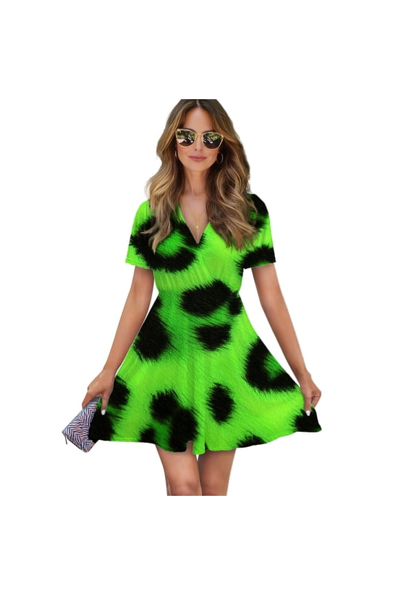 Neon Green Leopard Print Women Dress V-Neck Short Sleeve Flowy Swing Party Midi Dress