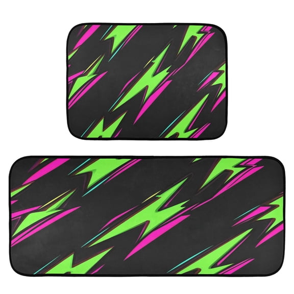 Neon Green Lightning 2-Piece Kitchen Carpet Mat Set, Non-Slip Memory Foam, Soft for Kitchen and Living Room Use