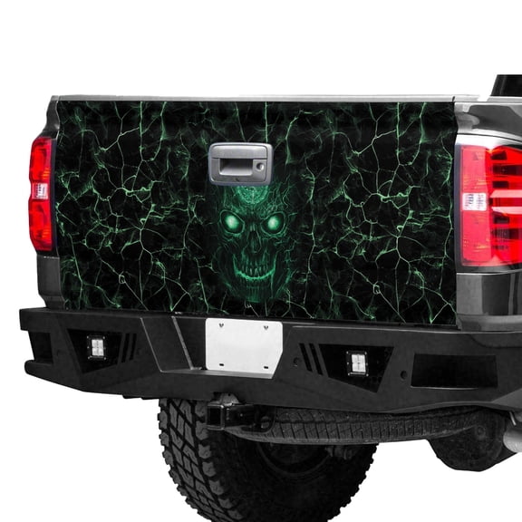 Neon Green Lightning Skull Tailgate Wrap – Dark Horror Truck Tailgate Decal, Glowing Skull Pickup Truck Graphic