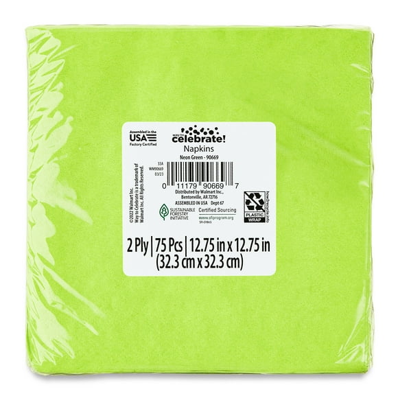 6.5" x 6.5" Disposable Neon Green Paper Napkins, 75 Count, by Way To Celebrate