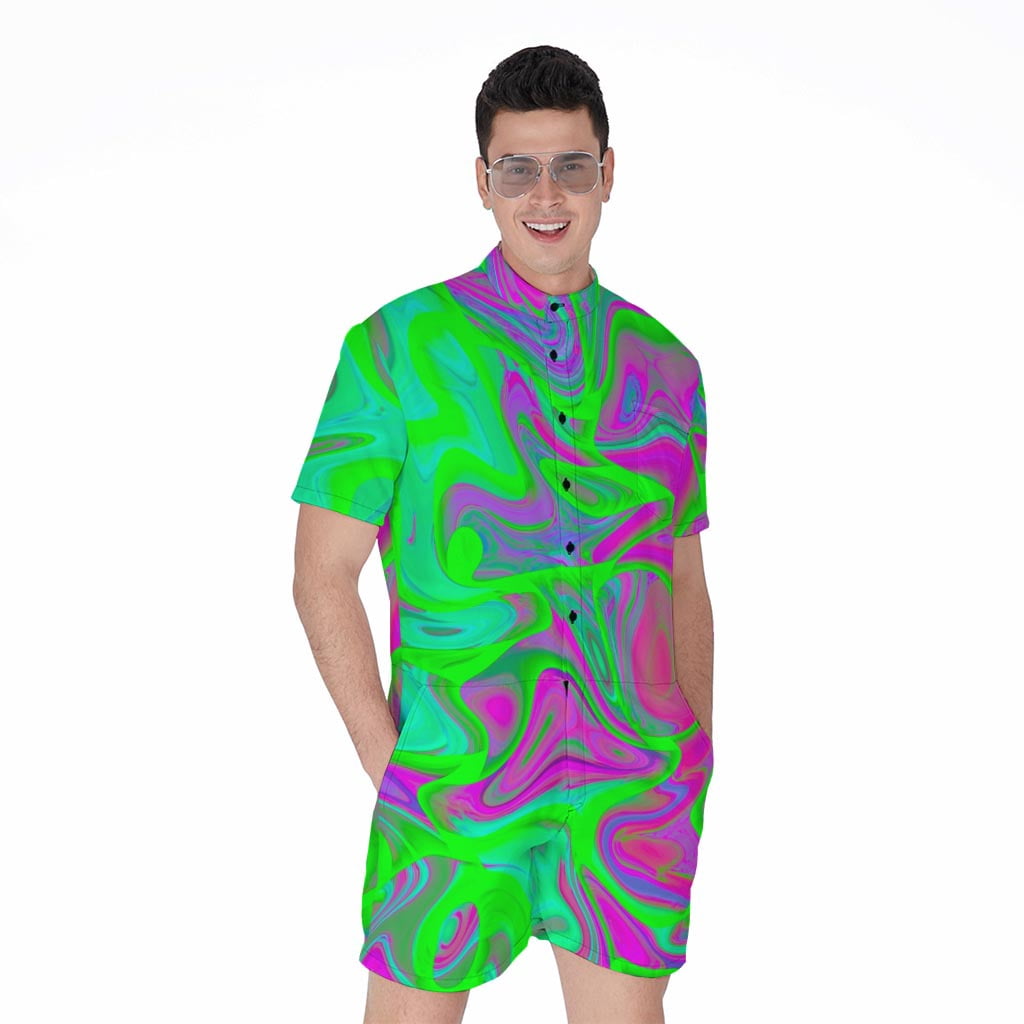 Neon Green Pink Psychedelic Trippy Short Sleeve Men'S Rompers Casual ...