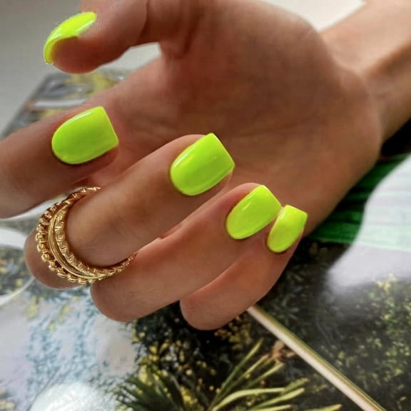 Neon Green Press On Nails Short Square, Natural Gel Nails Glue on Acrylic Nails Press ons Featured Protective Coat Thick Reusable Fake Nails Solid Color 24 Short Coffin Artificial Nails