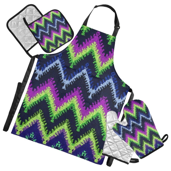 Neon Green Purple Blue Black V-lines Apron Set with Oven Mitts Pot Holders Set of 5 Kitchen Stuff Accessories