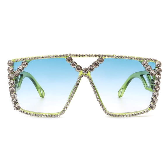 Neon Green Rhinestone Oversized Sunglasses, UV400 Protection Blue Gradient Lens Shades, Stylish Fashion Sunglasses for Daily Wear