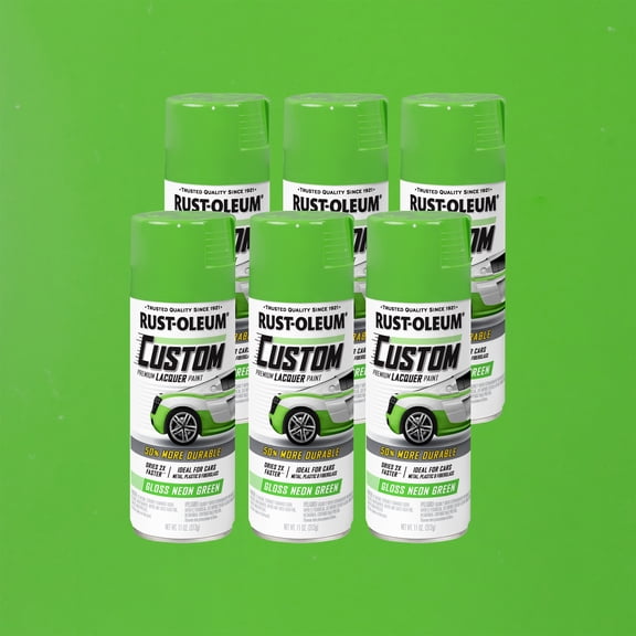 6 Pack, Neon Green, Rust-Oleum Automotive Custom Lacquer Gloss Spray Paint-323349, 11 oz