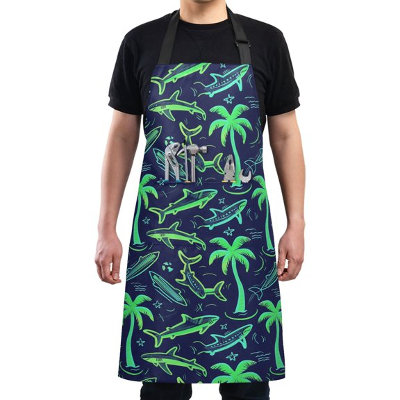 Neon Green Shark and Palm Trees Kitchen Apron with 2 Pockets Adjustable waterproof Cooking Aprons for Women Men Chef
