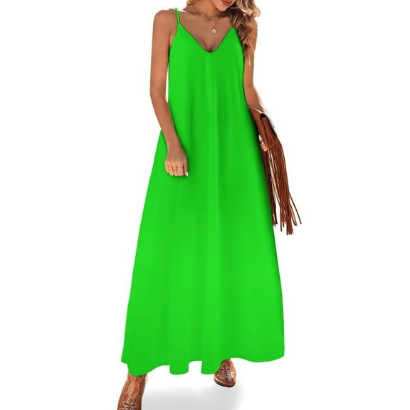 Neon Green Sleeveless Suspender Dress Summer Fashion Casual Long Dress