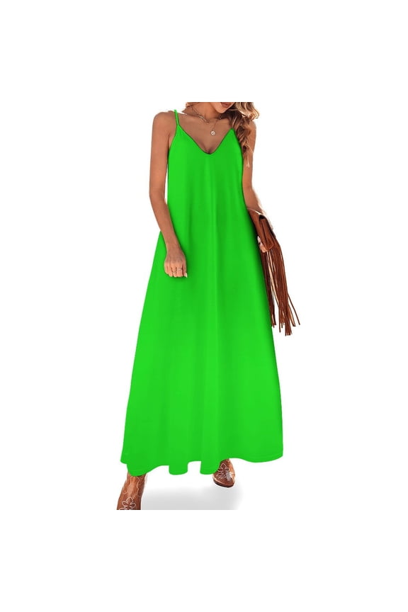 Neon Green Sleeveless Suspender Dress Summer Fashion Casual Long Dress
