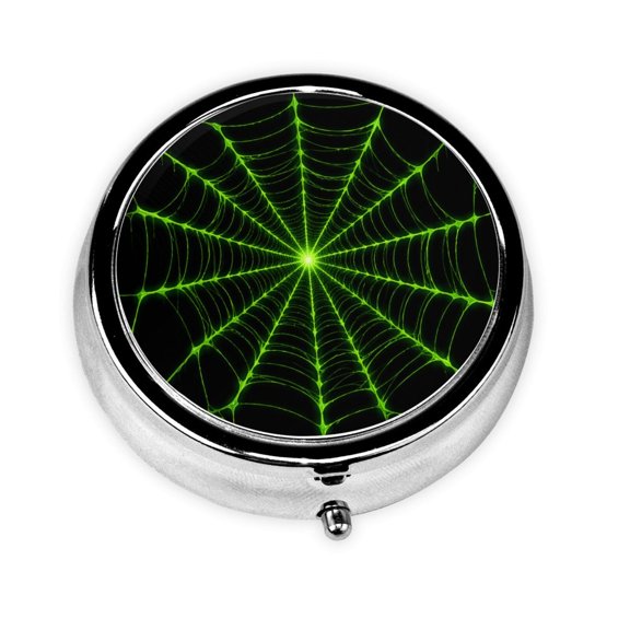 Neon Green Spectral Web Mini Round Pill Box Portable Small Pill Case Organizer with 3 Compartments for Pocket Purse