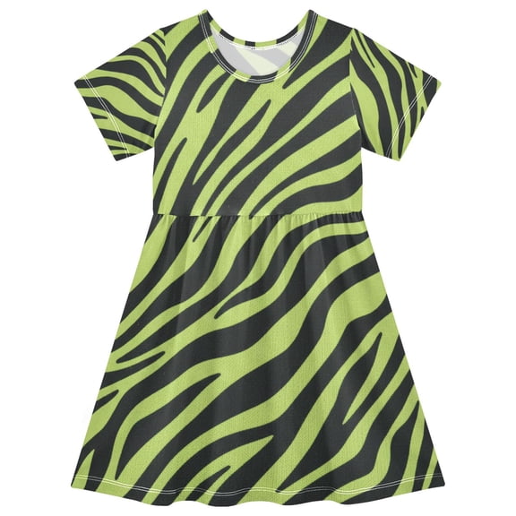 Neon Green Zebra Print Girls Short Sleeve Dress A Line Sun Protection Breathable Comfort Sundress 2T
