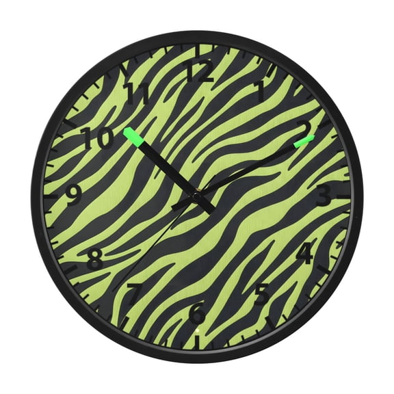 Neon Green Zebra Print Wall Clock 12 Inch Voice Activated Night Light Silent Non Ticking