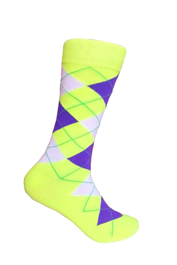 Neon Green with Purple and White Color Mid-calf Argyle Socks for Men