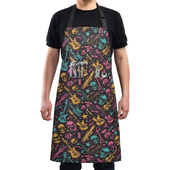 Neon Guitar and Skull Kitchen Apron with 2 Pockets Adjustable waterproof Cooking Aprons for Women Men Chef