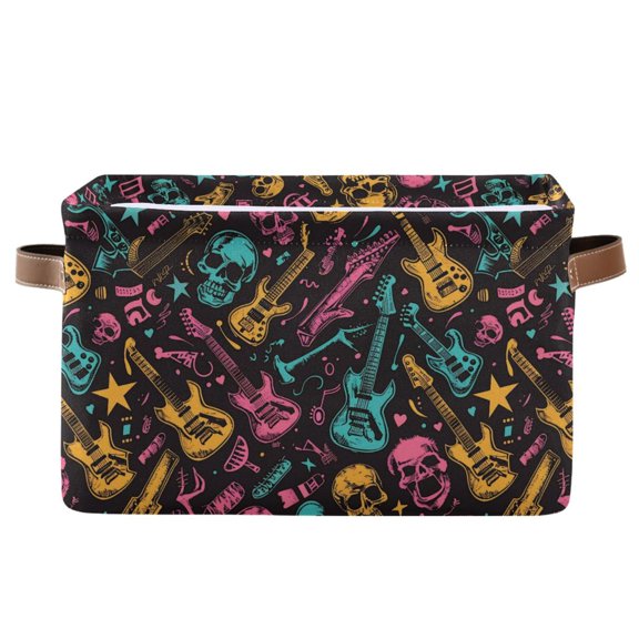 Neon Guitar and Skull Storage Bins with Handle Fabric Organizer Basket Foldable Box 1 Pack 14.2x10.2x8.3