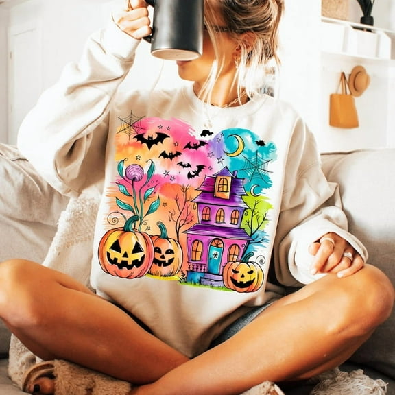 Neon Halloween Boho Watercolor Halloween Shirt Sweatshirt, Preppy Spooky Season Shirt, Cute Halloween Sweatshirt, Brushstroke Halloween Sweatshirt