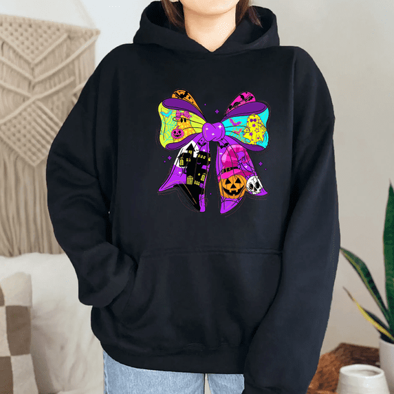 Neon Halloween Bow Long Sleeve Tops Spooky Pumpkin Haunted House Hoodies Graphic Tees Casual Sweatshirts Cotton Shirts for Daily Outfits Black,L