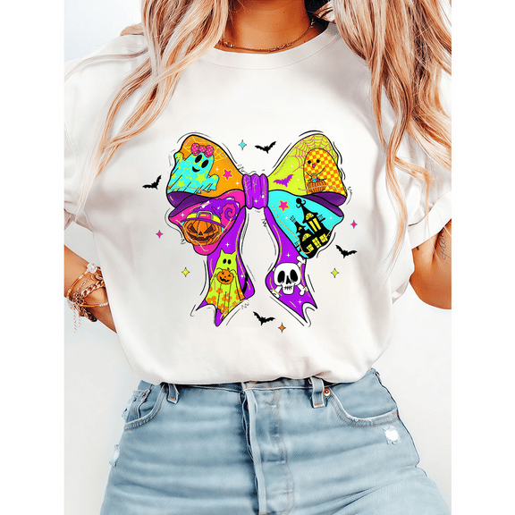 Neon Halloween Ghost Bow Print T-shirts Spooky Pumpkin Graphic Tees Short Sleeve Casual Tops for Daily Outfits Cotton Shirts White,M