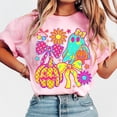 thumbnail image 1 of Neon Halloween Ghost T-Shirt, Cute Coquette Boo Tee, Floral Spooky Season Shirt, Preppy Pumpkin with Bow Graphic Tee, Checkered Halloween Shirt, 1 of 5