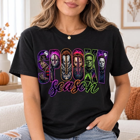 Neon Halloween Horror Killers Characters Retro Scary Movies Party Tee, JEANNELABER T-Shirt