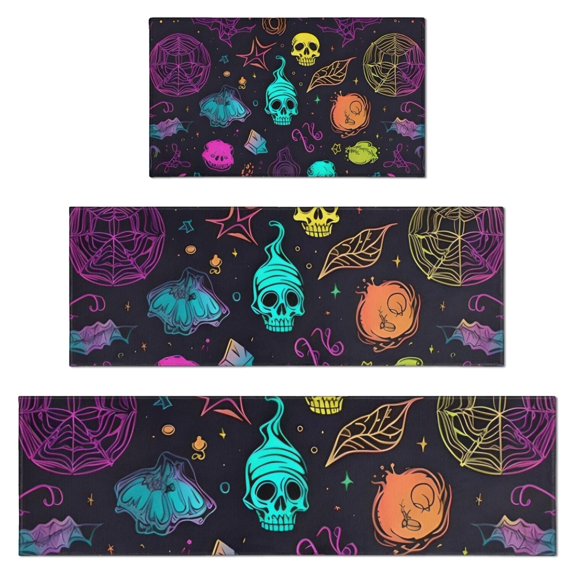Neon Halloween Pattern Kitchen Rugs Sets Of 3,Kitchen Runner Rugs Non Skid Washable,Decorative Kitchen Floor Mats for Kitchen,Sink,Laundry,17"x30"+ 17"x47" + 17"x59"