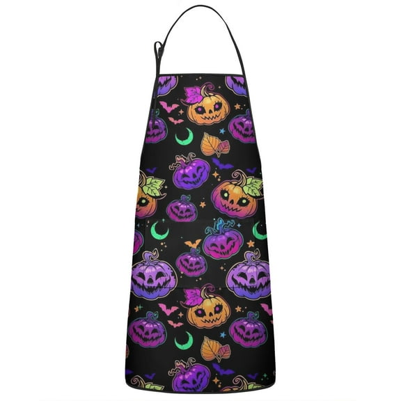 Neon Halloween Pumpkin Pattern Apron-Garden Aprons for Women with Pockets-Cotton Linen Waterproof Kitchen Cooking Gardening Aprons Adjustable for Kitchen,Cooking,BBQ and Salon 33"x27"