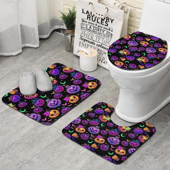 Neon Halloween Pumpkin Pattern Bathroom Rugs Sets 3 Piece,Toilet Cover Set,Absorbent Non Slip Bathroom Mats Sets with U-Shaped Contour Rug Toilet Rug Set