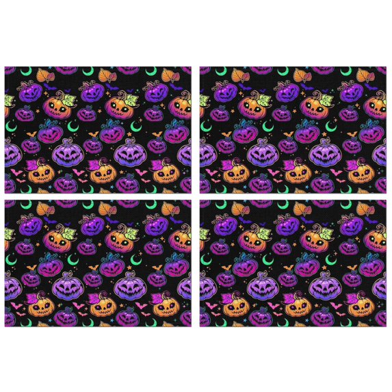 Neon Halloween Pumpkin Pattern Summer Placemats Table Placemats Set Of 4-Linen Kitchen Washable Placemats Table Mats 11.8"x17.7" Non-Slip Heat Resistant