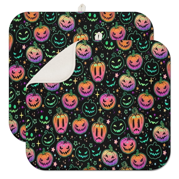 Neon Halloween Pumpkins Pattern Dish Drying Mat for Kitchen 1 Pack, Ultra Absorbent Microfiber Dishes Drainer Mats,16x18in(41x46cm)