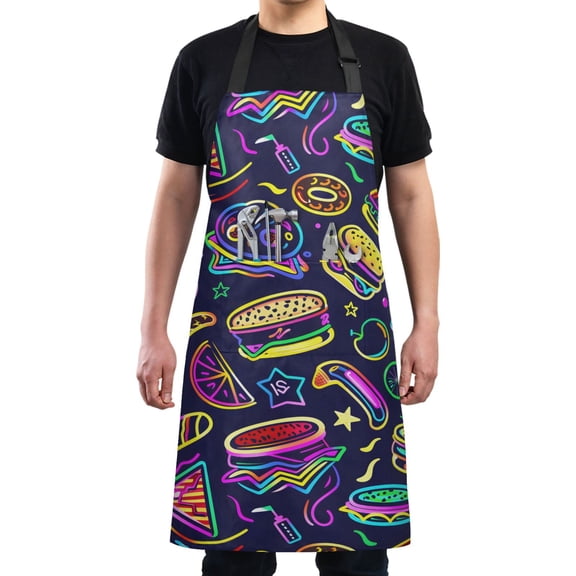 Neon Hamburger Donut Sausage Fruit Kitchen Apron with 2 Pockets Adjustable waterproof Cooking Aprons for Women Men Chef
