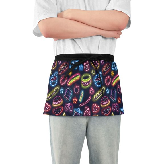 Neon Hamburger Hot Dog Fruits Server Apron with 3 Pockets Waterproof Waitress Waist Short Apron for Man Woman 12 Inches