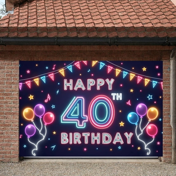 Neon  Happy 40th Birthday Banner Colorful Balloons 40th Birthday Display Star Pattern Music Notes Neon Birthday Backdrop for 40th Birthday Party Adult Birthday Celebration Photo Backdrop