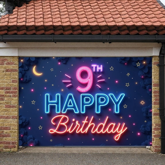 Neon Happy 9th Birthday Banner Starry Design 9th Birthday Display Glowing Effect Moon Pattern Birthday Backdrop for 9th Birthday Party Kids' Birthday Celebration Photo Shoot
