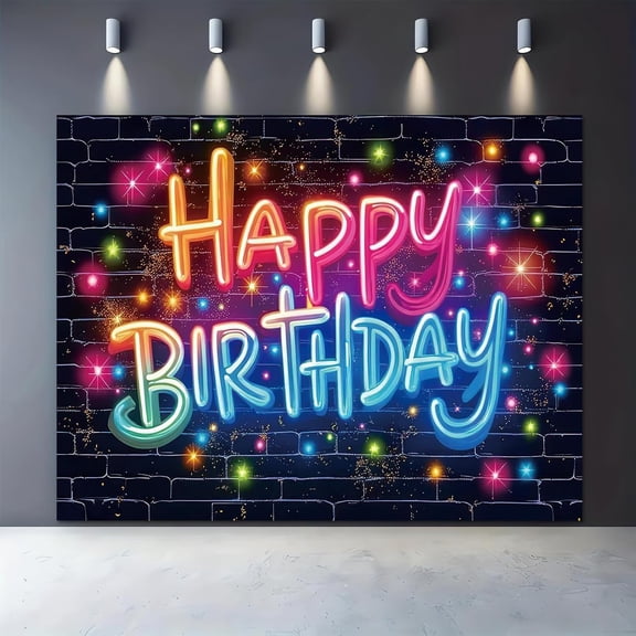Neon Happy Birthday Backdrop Glow in The Dark Brick Wall Photography Background Funny Graffiti Colorful Painting Splatter Birthday Party Decorations Supplies Cake Table Banner Photo Booth Props