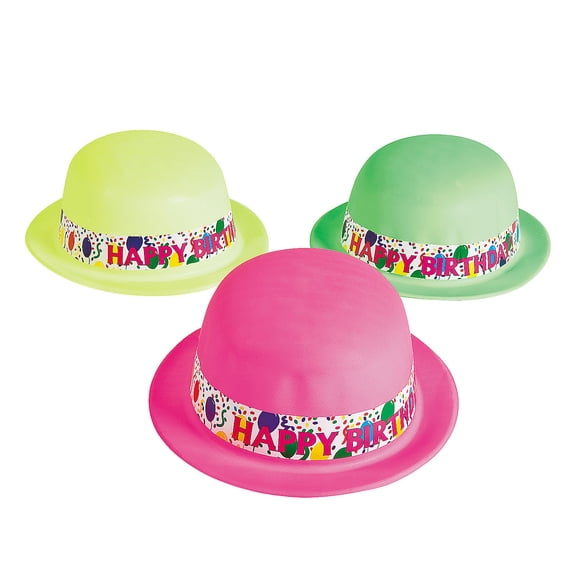 Neon "Happy Birthday" Derby Hats" - Apparel Accessories - 12 Pieces