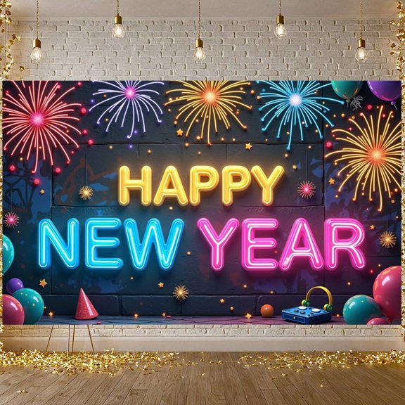 Neon Happy New Year Banner Colorful Design New Year Display Firework Pattern Balloon Decor Festive Backdrop for New Year Party Holiday Celebration Indoor Decoration