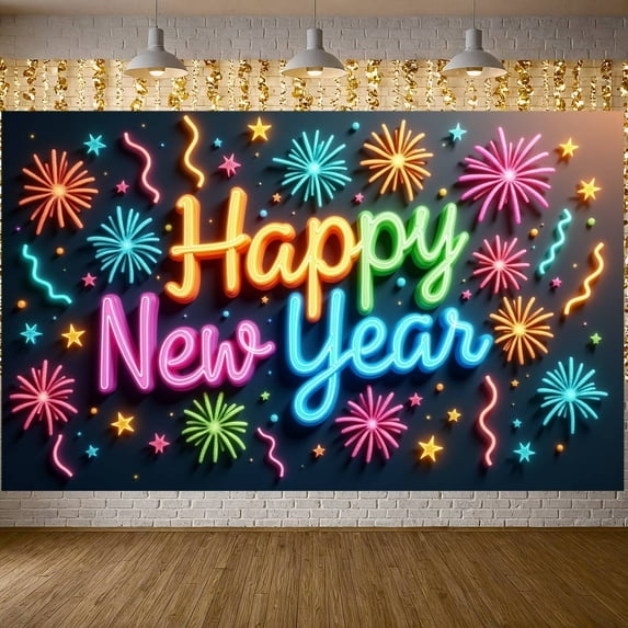 Neon Happy New Year Banner Colorful Fireworks Festive Backdrop Star Pattern Curly Streamers Holiday Background for New Year Party Holiday Celebration New Year Eve