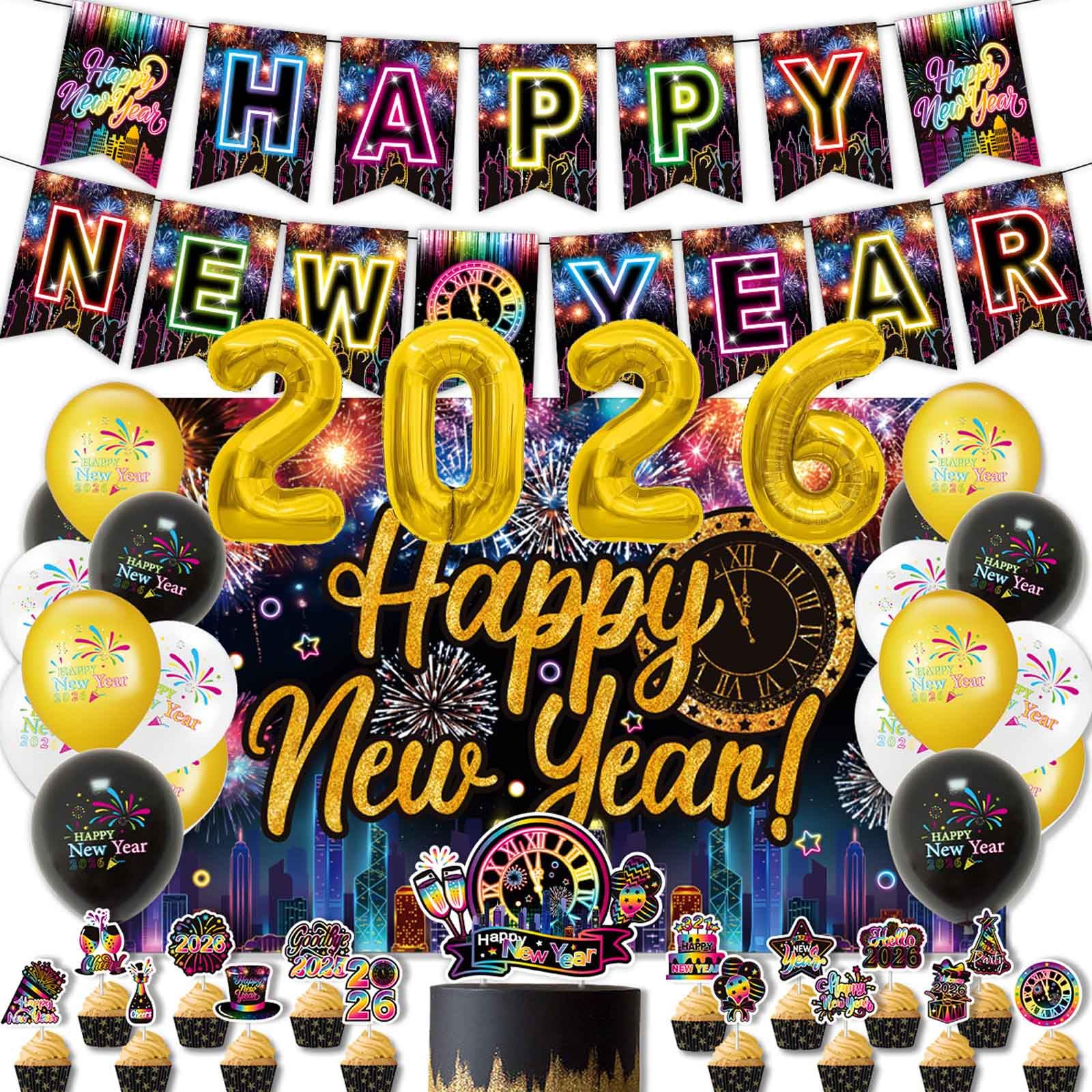Neon Happy New Years Eve Party Decorations Supplies 2026 - Rainbow NYE ...