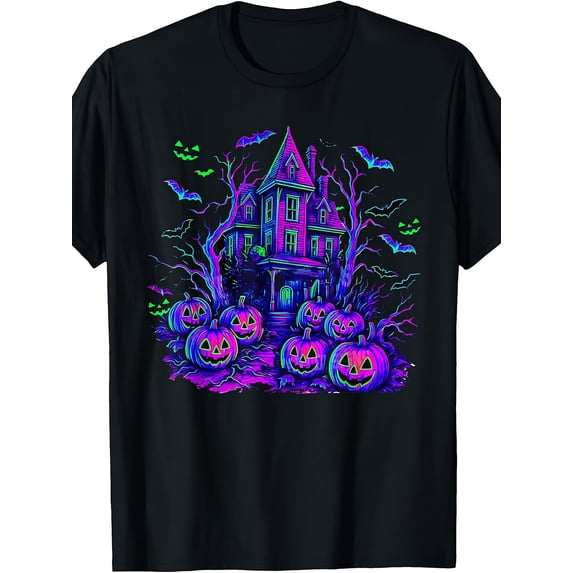 Neon Haunted House Pumpkin Patch Halloween Graphic Cotton Men's Women's Tee Shirt