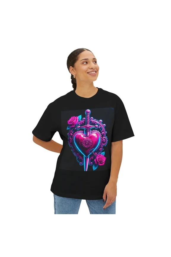 Neon Heart Dagger T-Shirt Retro Rose Gothic Cyber Steampunk Graphic