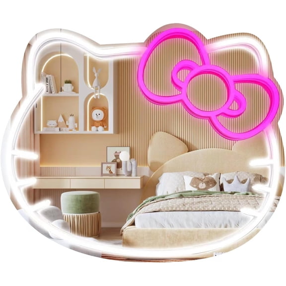 Neon Hello Kitty Mirror, LED Lights, Cute Anime Makeup, Gift Teen Girls, adjustable, lightweight, durable, portable, user-friendly, compact, wall, decor