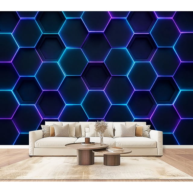 Virtual Background Abstract Neon Neon Hexagon cyber futuristic Blue Purple Glow Geometric Abstract Peel ...