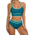 thumbnail image 1 of Neon High Waisted Bikini for Women Two Piece Swimsuit Color Block Sporty Adjustable Straps Halter Neck Blue S, 1 of 5