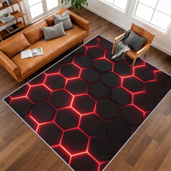 Neon Honeycomb Geometric Area Rugs, Multicolor Hexagon Pattern Carpet, Washable Non Slip Low Pile Soft Rug for Living Room Bedroom Decor Mat 2x3ft